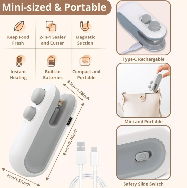 Mini portable 2 in 1 USB rechargeable food and plastic bag sealer