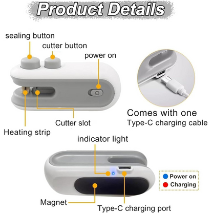 Mini portable 2 in 1 USB rechargeable food and plastic bag sealer
